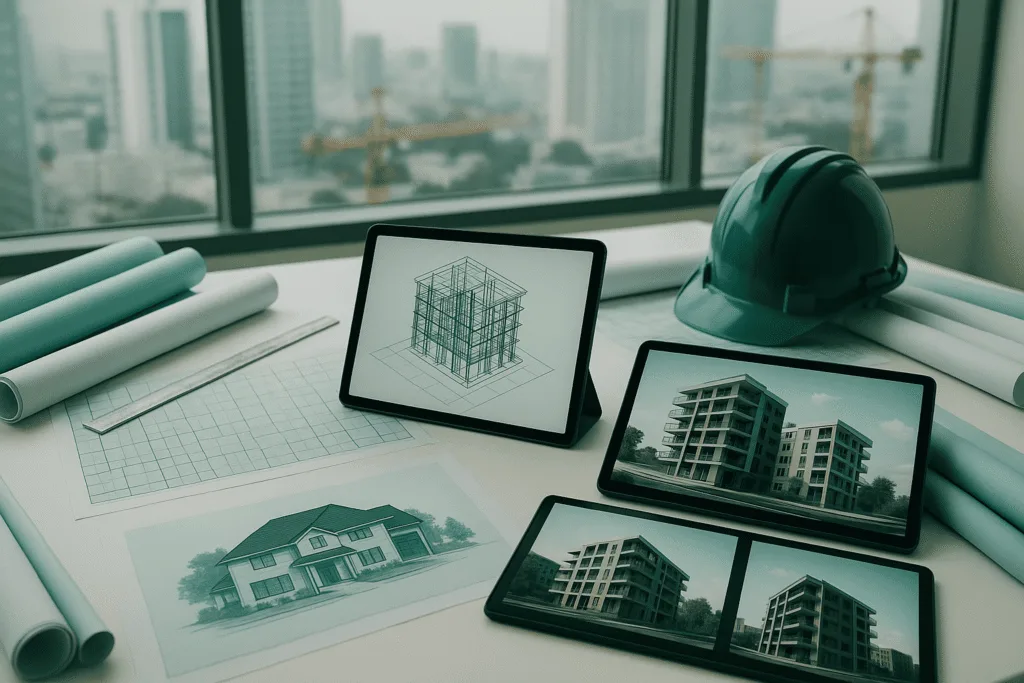 Building models and drawings on tablets at an engineering consultant's desk