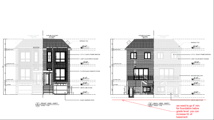Front and rear elevation drawings with material callouts — brick, limestone, and black cladding