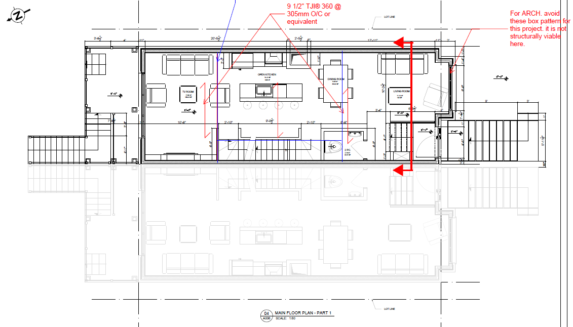Main floor plan layout — open kitchen, dining, living, and powder room