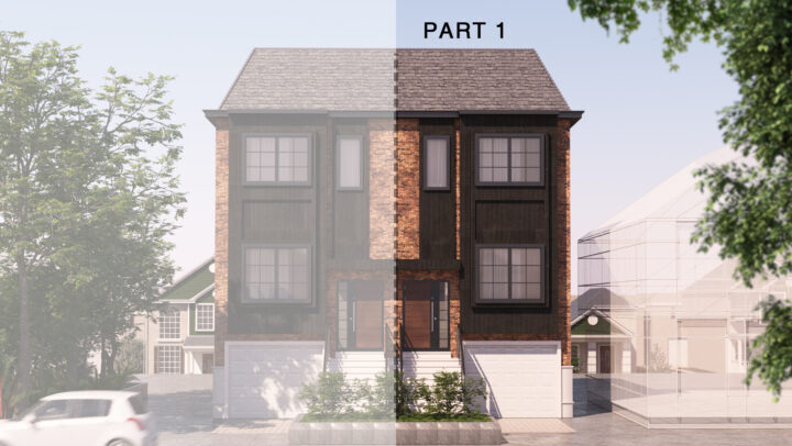 Front elevation render of Part 1 — Semi-detached custom home in Toronto, designed by Q Engineering