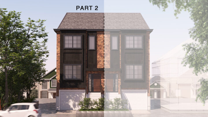 Front elevation render of Part 2 — Semi-detached custom home in Toronto, designed by Q Engineering