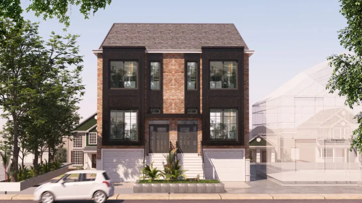 Front elevation render — Semi-detached custom home in Toronto, designed by Q Engineering