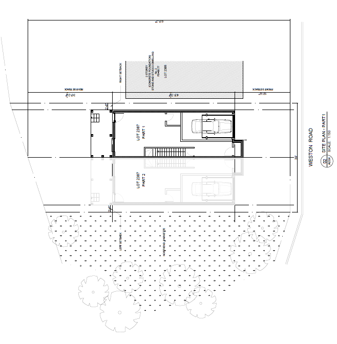 Site plan showing Part 1 and Part 2 lots, setbacks, parking, and landscape coverage