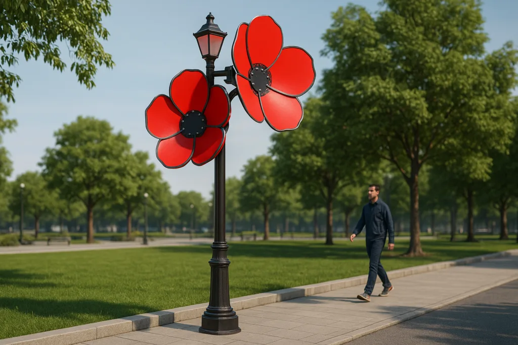 Crimson Inflorescence public art sculpture with red flowers in a park