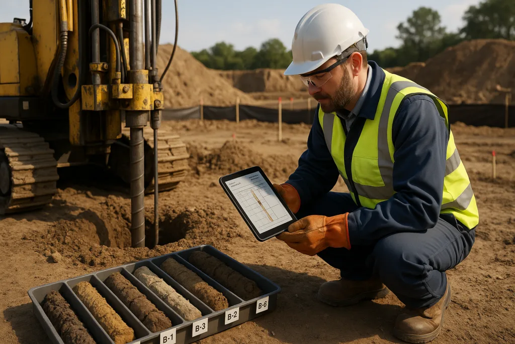 Engineer recording geotechnical data beside a drill rig on site