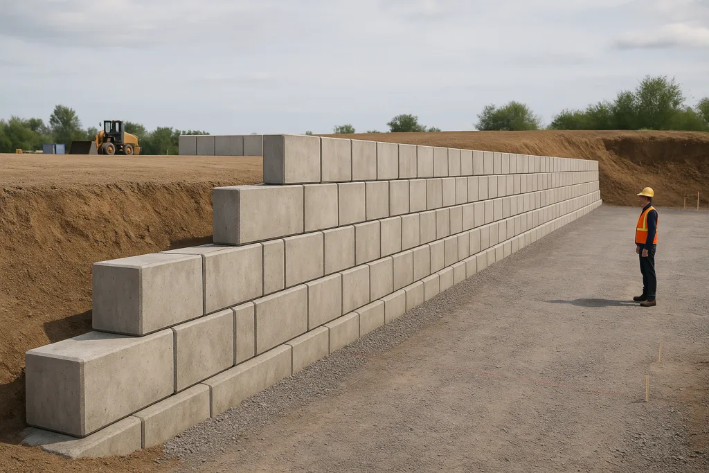 Segmental block retaining wall built for a drill rig platform