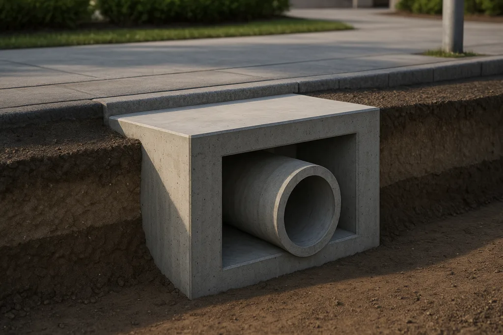 Precast concrete box structure installed underground with a pipe opening