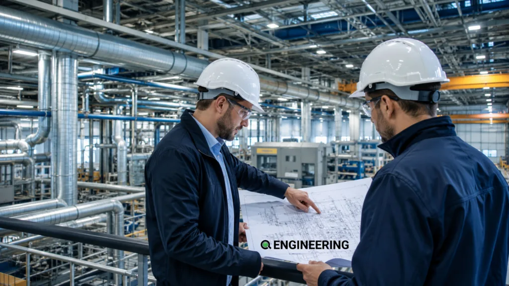 Engineers reviewing drawings inside an industrial plant