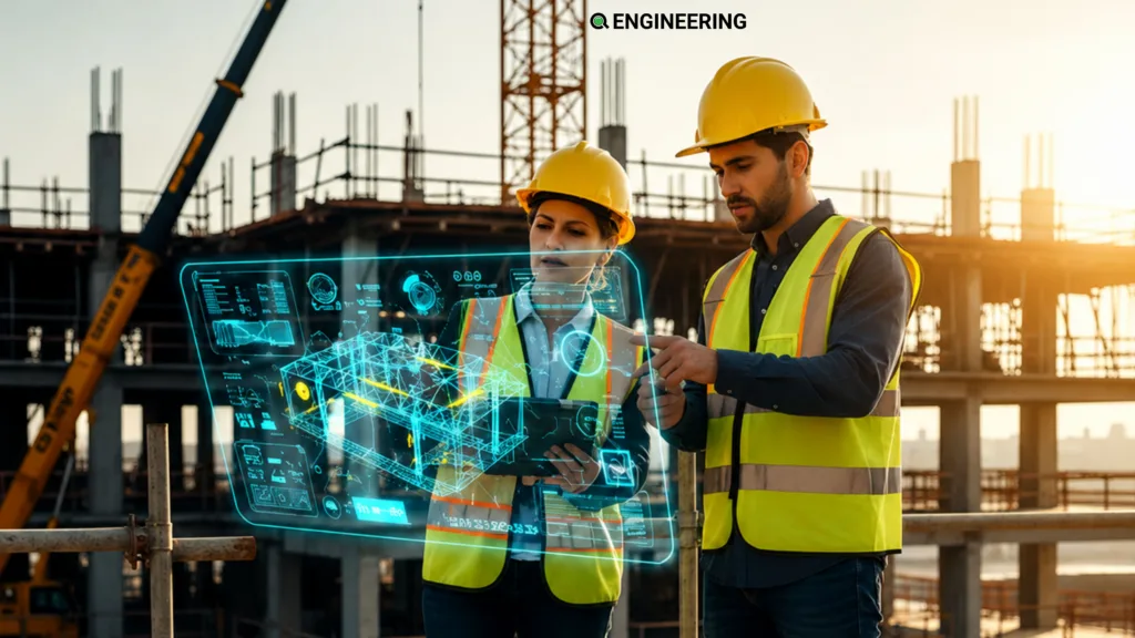 Engineers reviewing a digital building model on a commercial construction site