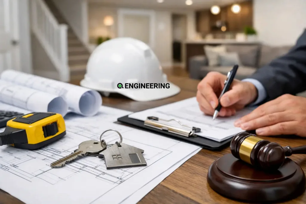 Legal basement permit documents, keys and drawings on a desk
