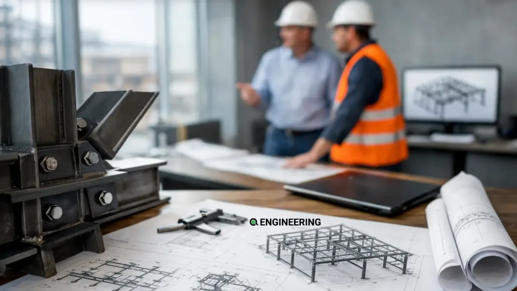 Engineers reviewing steel shop drawings beside a steel connection model