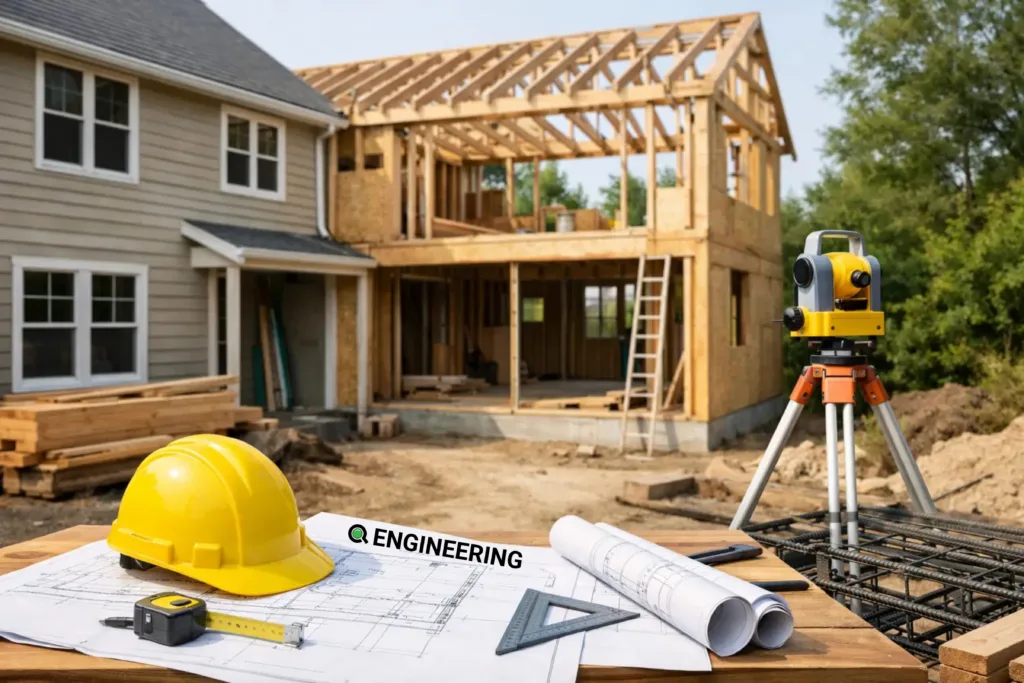 Wood-frame home addition under construction with a hard hat and survey level