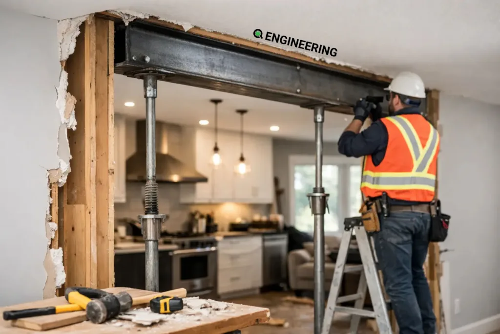 Contractor installing a steel beam after removing a load-bearing wall in a kitchen