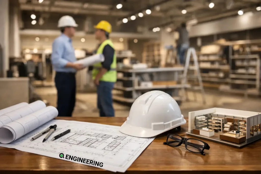 Engineers reviewing drawings inside a retail store under renovation