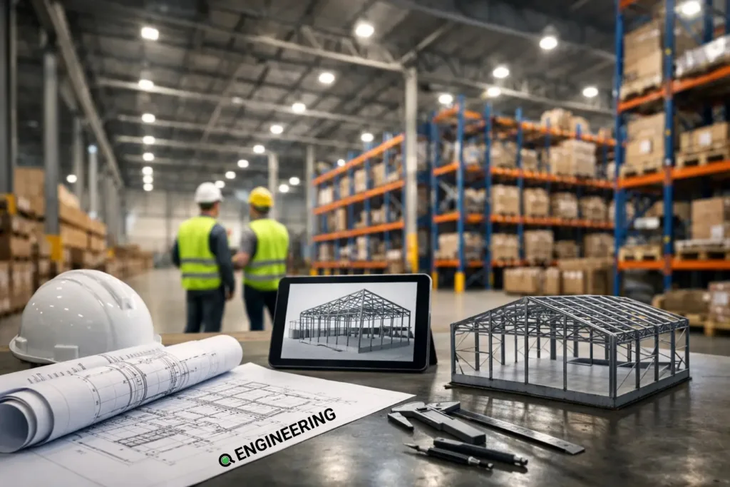 Warehouse interior with a steel frame model and structural drawings