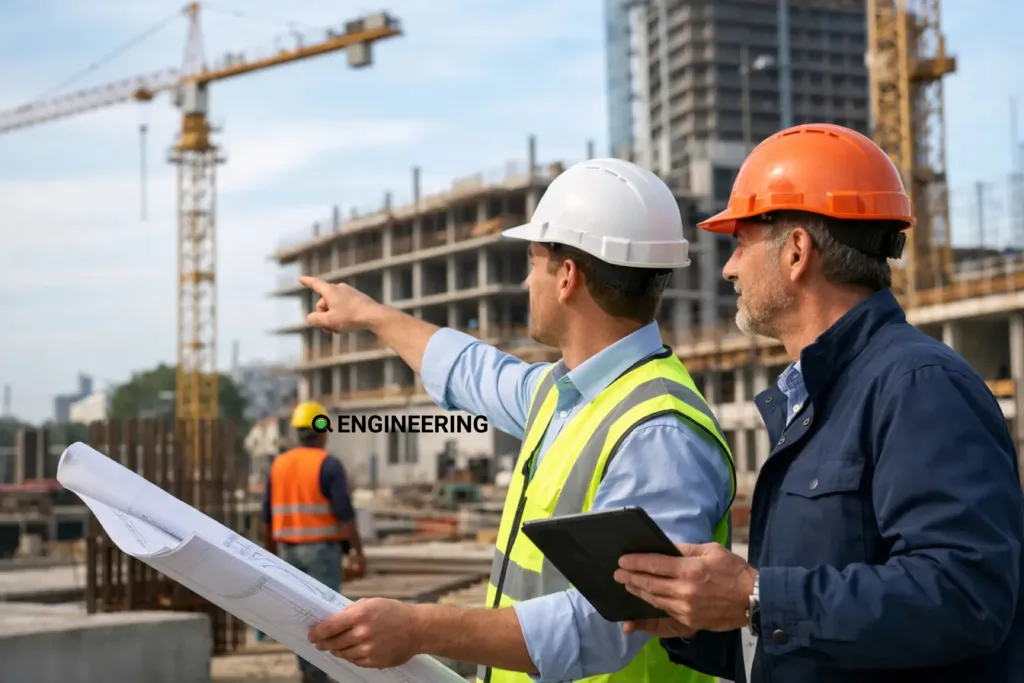 Engineers coordinating on a construction site during the build phase