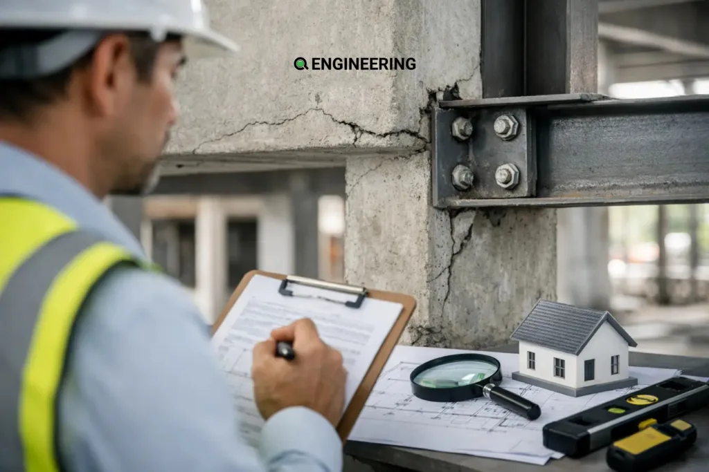 Structural engineer recording inspection notes beside a steel connection