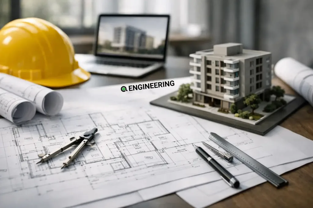 Building permit drawing package with a building model, laptop and hard hat