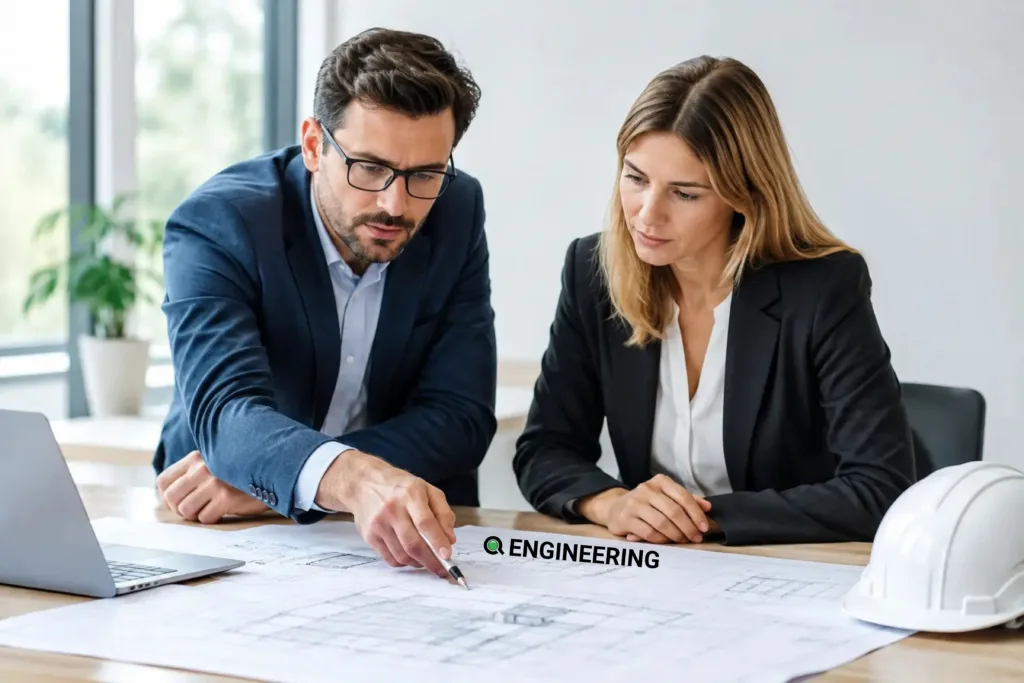 Two professionals reviewing an engineering proposal at a desk