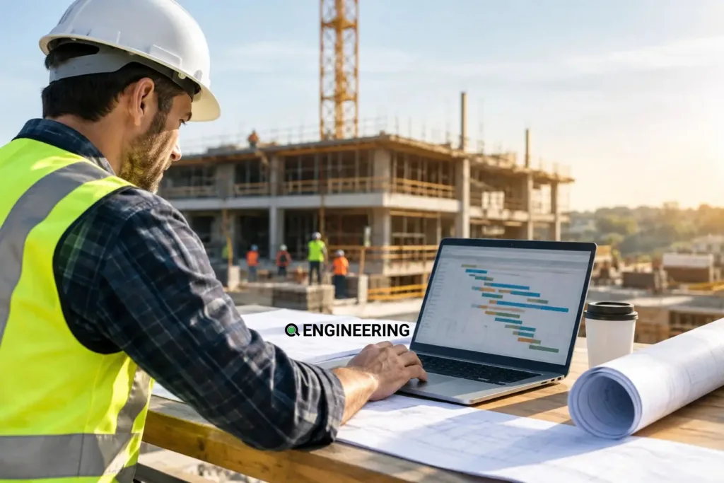 Site engineer checking a construction schedule on a laptop at a building site