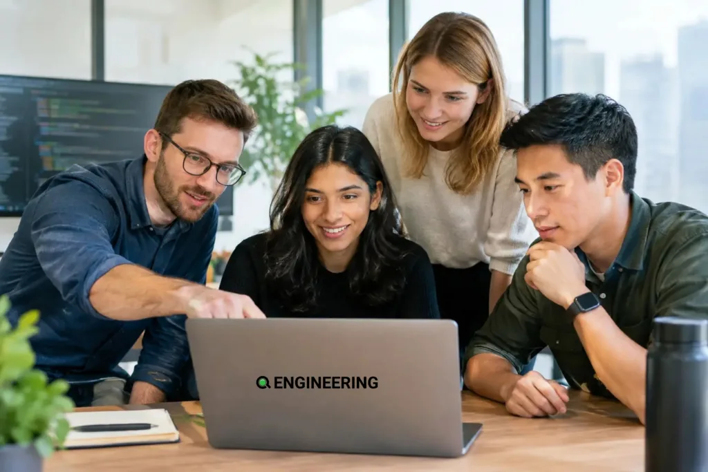 Development team reviewing engineering options on a laptop