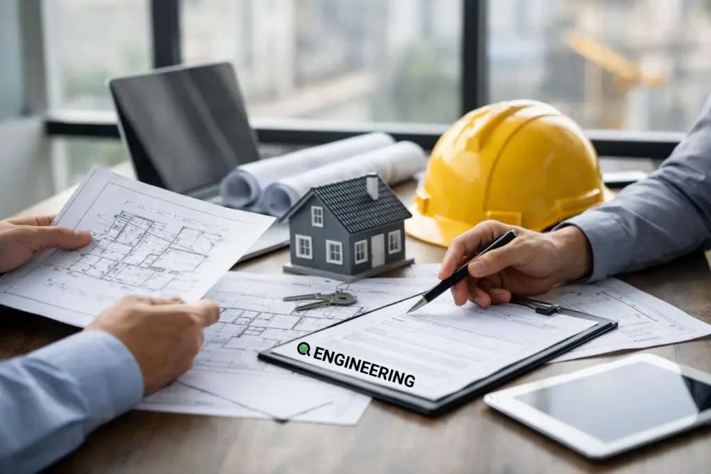 Building permit drawings, house model and hard hat on a desk