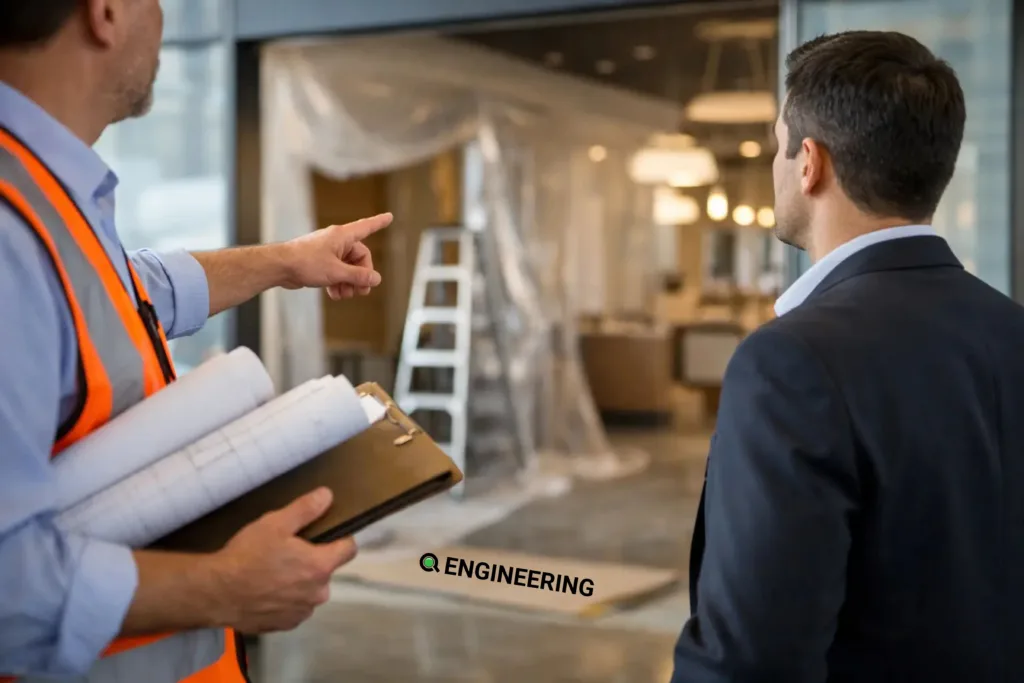 Engineer and building owner discussing an occupancy change in an interior space
