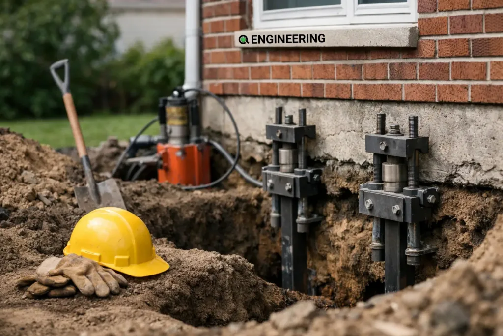 Basement underpinning excavation with steel supports beside a brick house