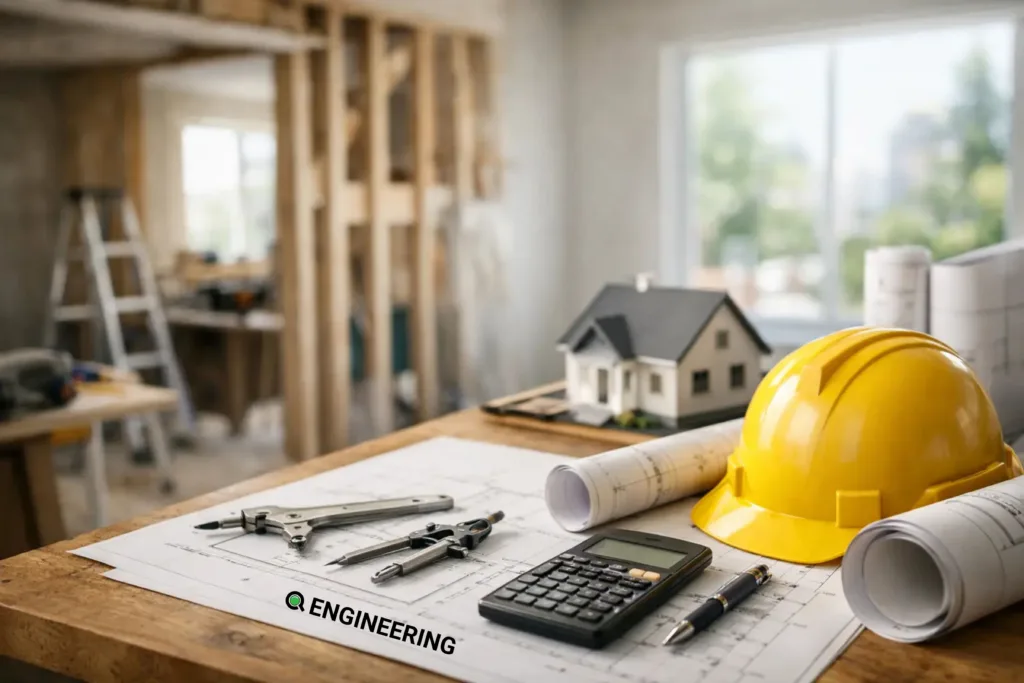 Renovation drawings, tools and a house model on a desk