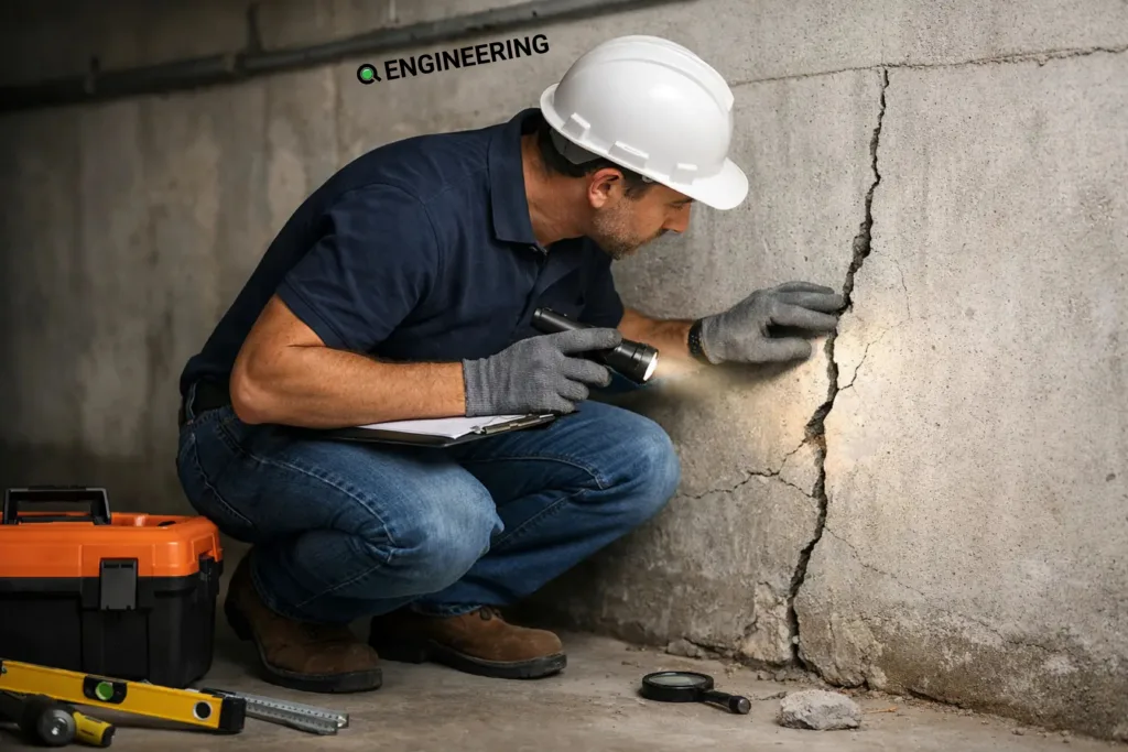 Engineer inspecting a crack in a basement foundation wall
