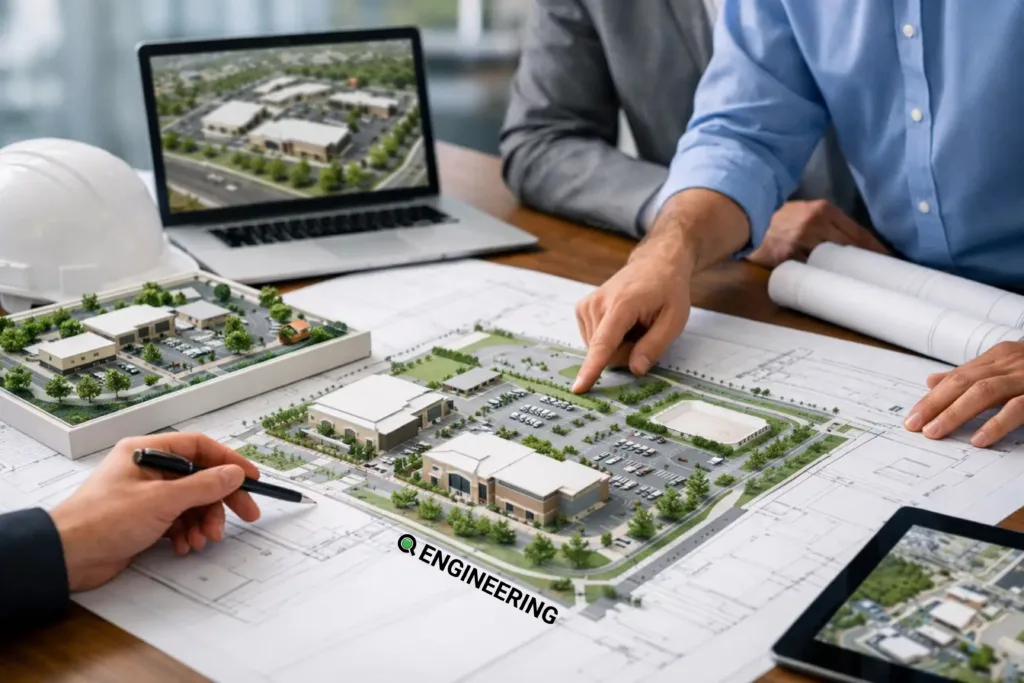 Team reviewing a commercial site plan model and drawings