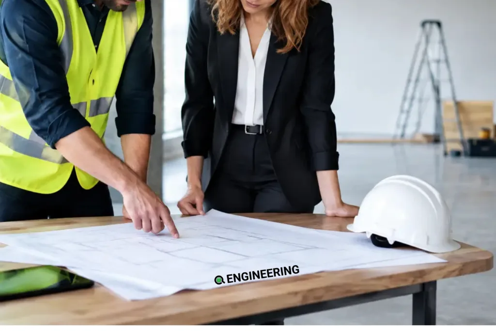 Engineer and client reviewing tenant fit-out drawings in a commercial space