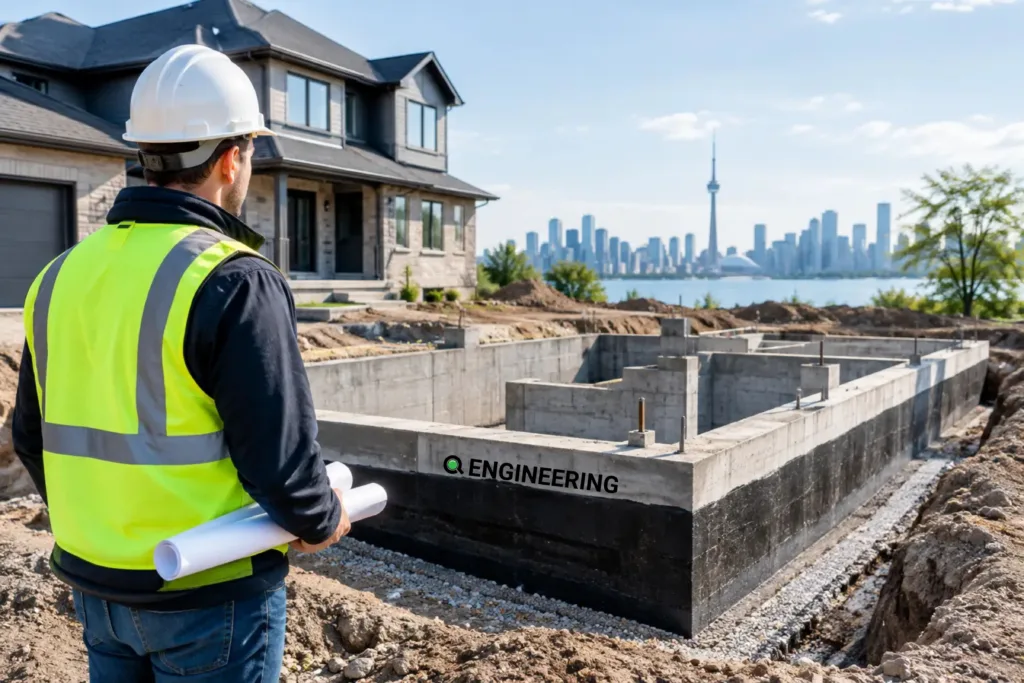 Engineer inspecting a new foundation and underpinning work at a house in Toronto