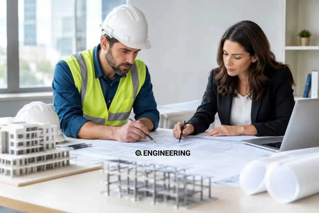 Structural engineer and architect reviewing drawings and a building model