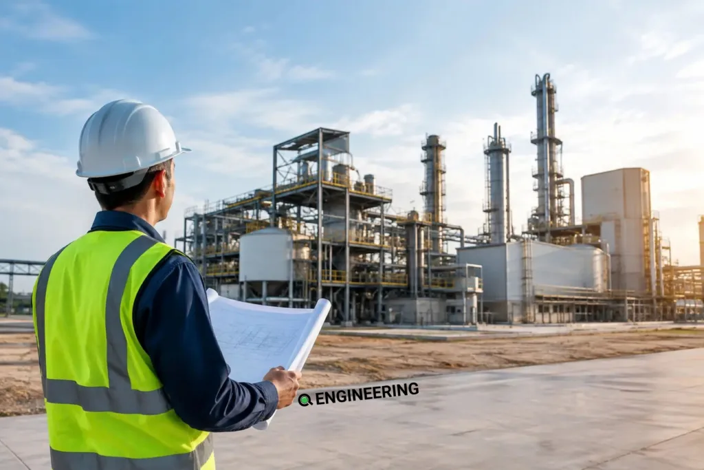 Engineer reviewing plans in front of an industrial facility being expanded