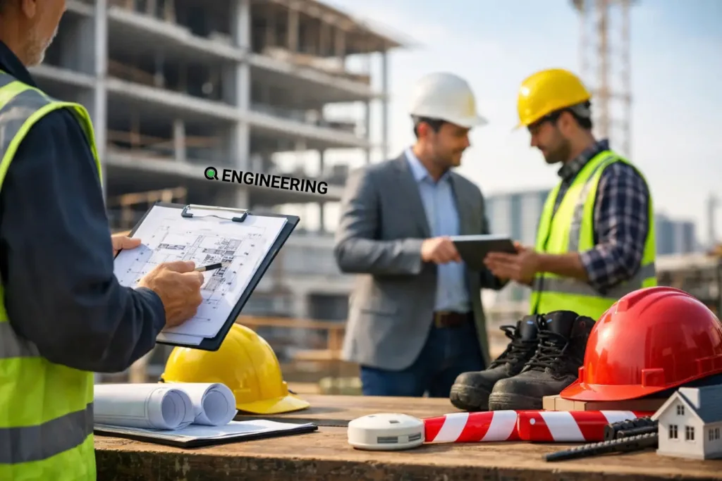 Engineers with hard hats and clipboards checking building code compliance on site