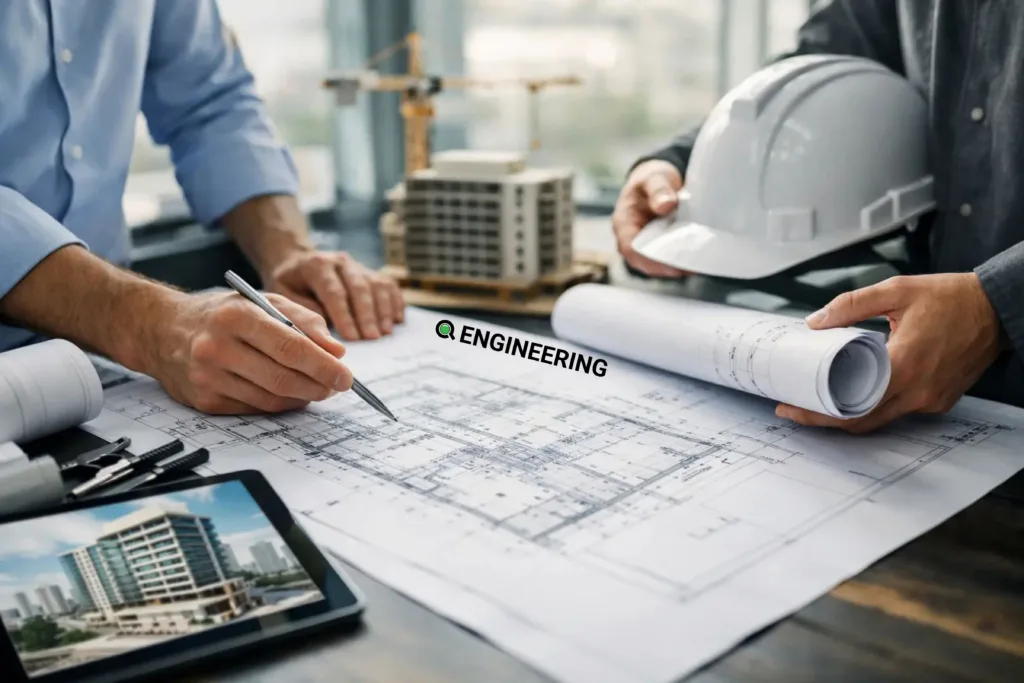 Engineers reviewing building plans and a tablet during a preconstruction review