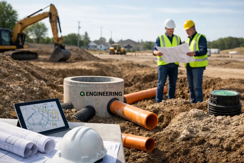 Engineers reviewing civil site servicing drawings next to storm pipes on site