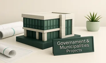 3D model of a government and municipal building on engineering drawings