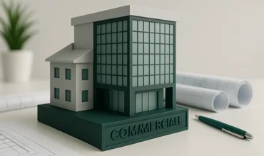 3D model of a commercial building on engineering drawings