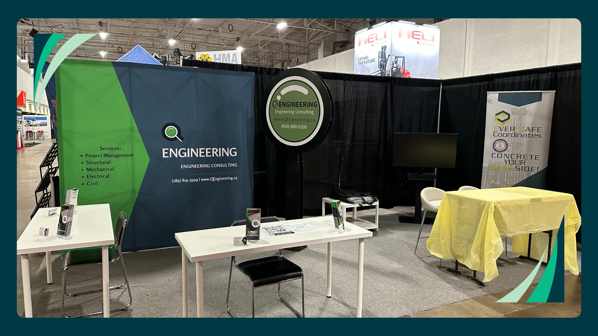 Q Engineering booth with display screen at an Ontario trade show