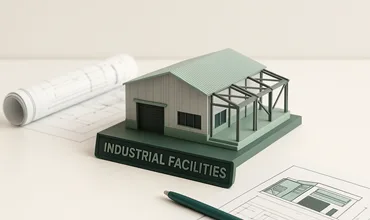 3D model of an industrial facility on engineering drawings