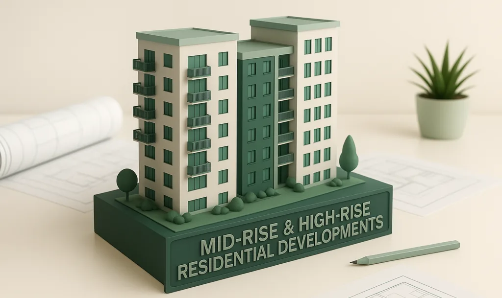 3D model of a mid-rise residential building on drawings, representing mid-rise and high-rise developments