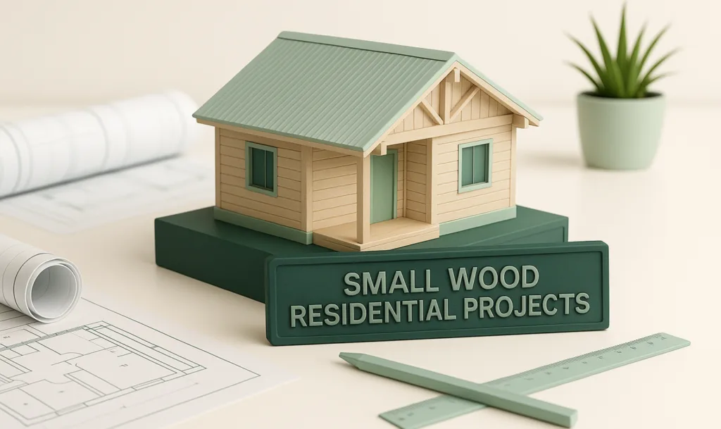 3D model of a small wood-frame house on drawings, representing small wood residential projects