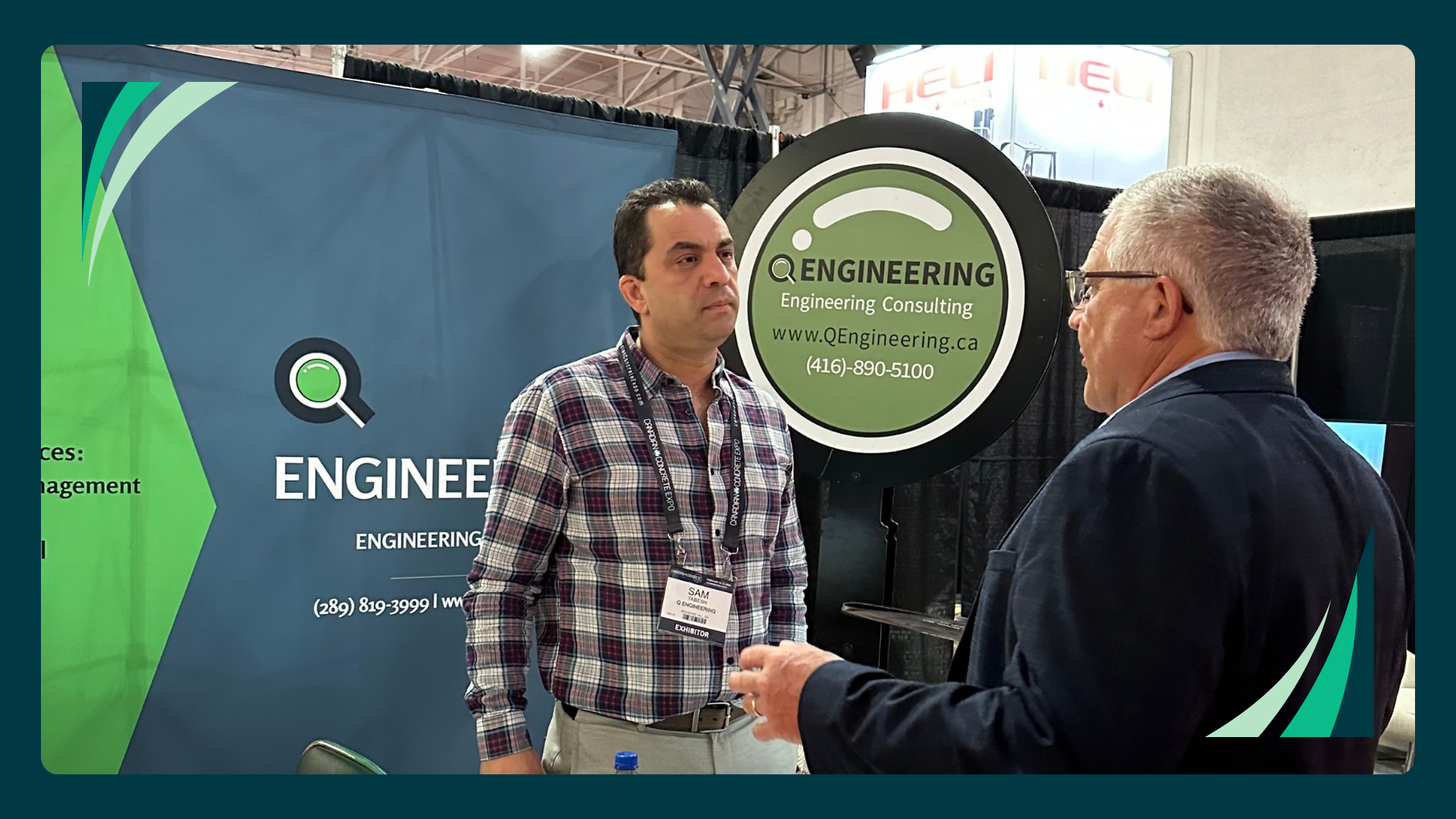 Q Engineering engineer speaking with a contractor at the Canadian Concrete Expo