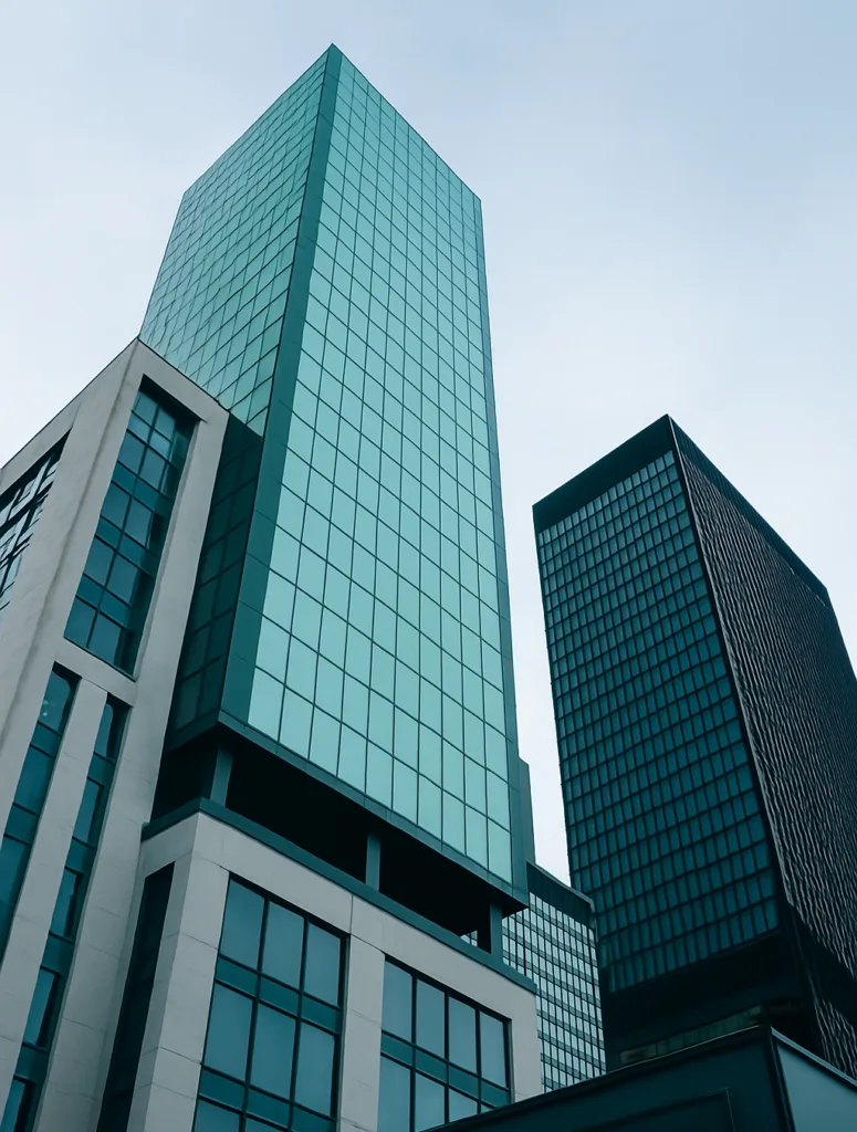 Glass high-rise towers viewed from street level